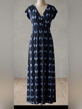 Maxi Dress S Blue Black Tie Dye Abstract Indigo Boho Wrap V-Neck Casual Long